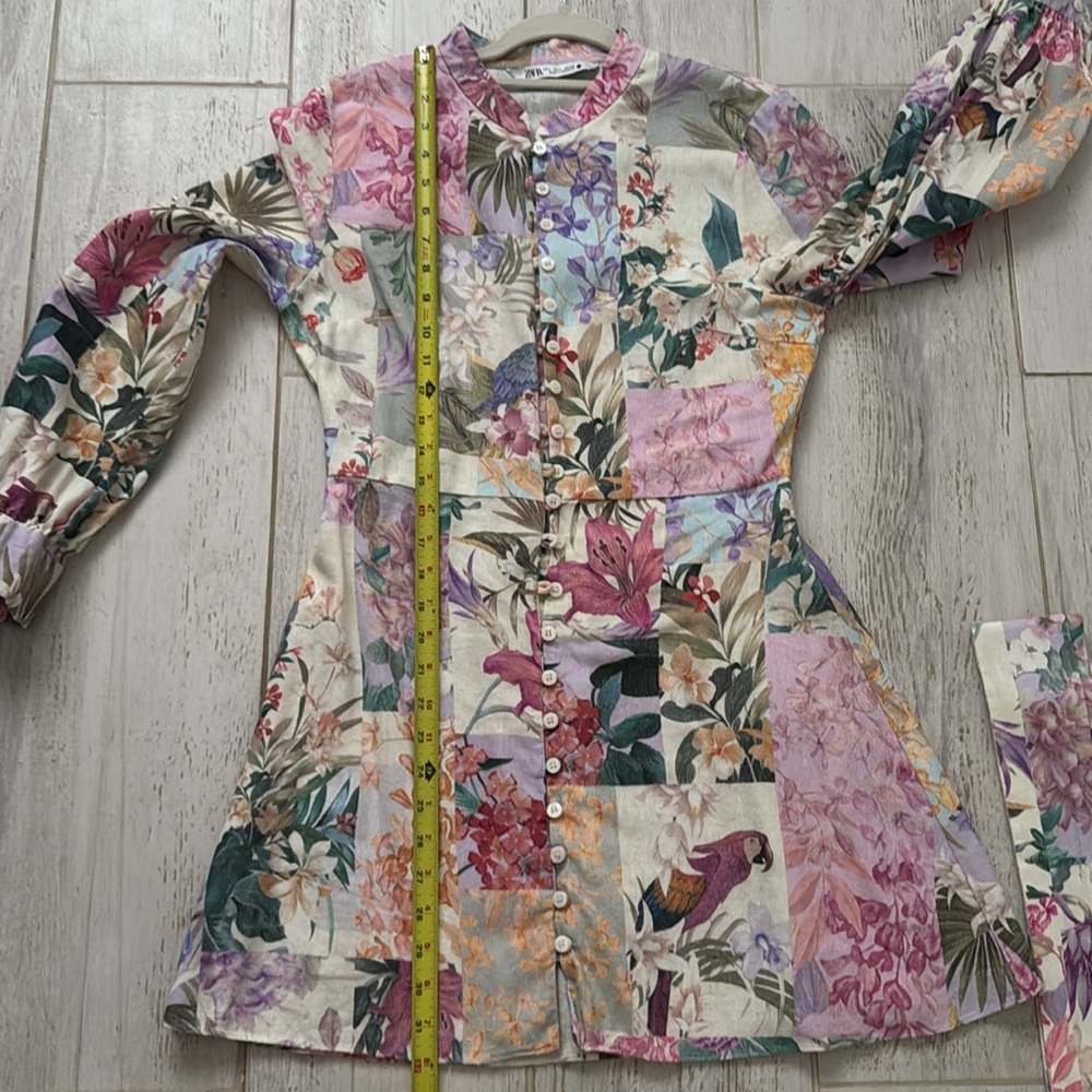 Zara Floral Parrot Button Up Belted Mini Linen Dress - Picture 7 of 9